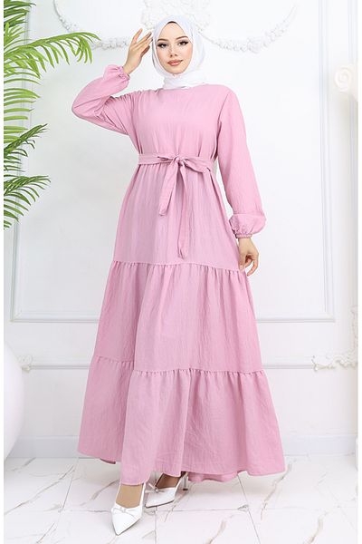sefamerve Φόρεμα Sofia Linen Sleeve Elastic Belted 2023-02 Πούδρα