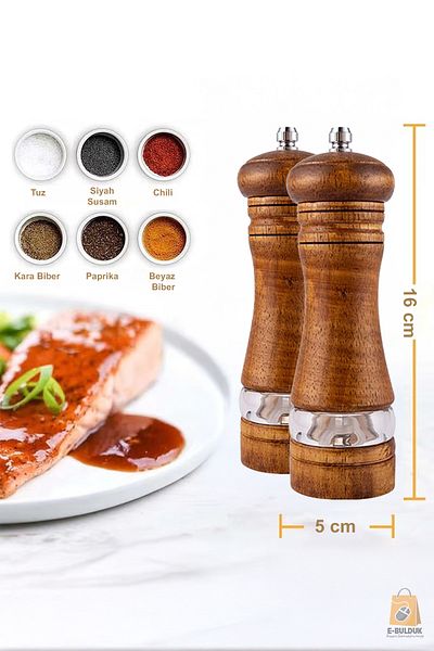 ebulduk Wooden Spice Salt Grinder with Acrylic Compartment 16 cm 2-Pak Set Brown