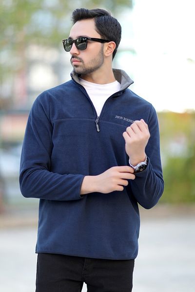 JB John Borners Men's Stand Collar Fleece Navy Blue Half Zipper Embroidery Detailed Regularfit - 6001