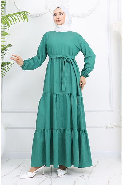 sefamerve Φόρεμα Sofia Linen Sleeve Elastic Belted 2023-04 Πράσινο