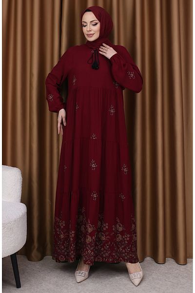 sefamerve Patterned Viscose Dress 4083-11 Claret Red