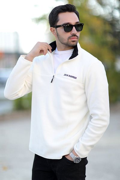 JB John Borners Men's Mock Neck polar white half zipper embroidery detailed regularfit - 6001