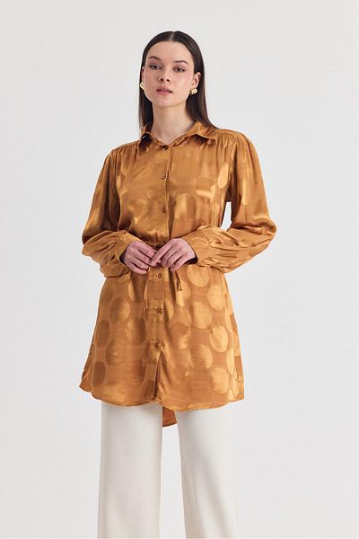 Rays Camel Polka Dot Pattern Rope Lacing Satin Shirt 4690A