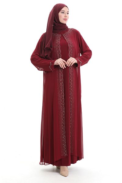 sefamerve Φόρεμα σιφόν Abaya μεγάλου μεγέθους 6163-02 Βουργουνδία