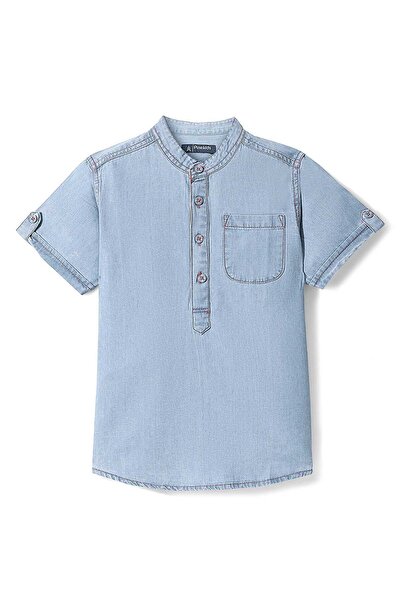 Pine kids Pine Kids Denim Woven Half Sleeves Mandarin Collar Washed Shirt - Blue