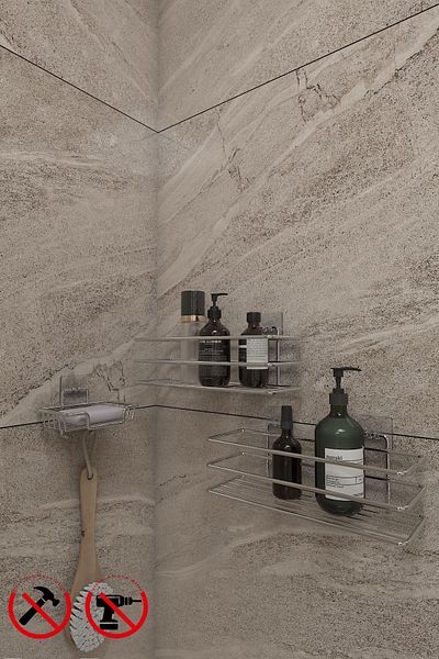 Alper Banyo Ράφι Organizer 2 τμχ με αυτοκόλλητους γάντζους CHROME Ματ και συμπαγής θήκη σαπουνιού και θήκη για σφουγγάρι πιάτων
