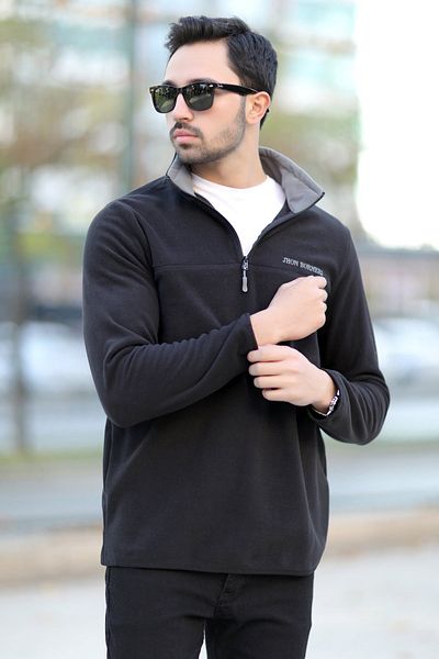 JB John Borners Men's Stand Collar Fleece Black Half Zipper Embroidery Detailed Regularfit - 6001