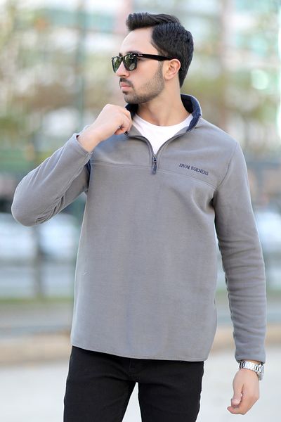 JB John Borners Men's Stand Collar Fleece Gray Half Zipper Embroidery Detailed Regularfit - 6001