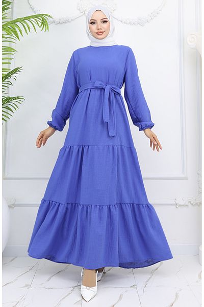 sefamerve Sofia Linen Sleeve, Φόρεμα με ελαστική ζώνη Indigo 2023-06