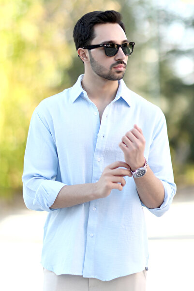 JB John Borners Чоловіча сорочка з бавовняної суміші без кишень, муслінова, світло-блакитна - 16701