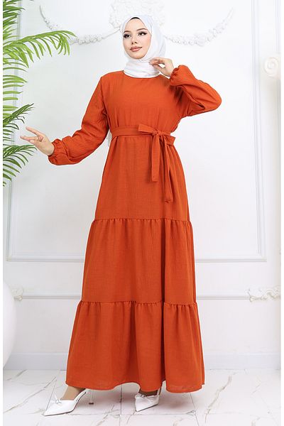 sefamerve Φόρεμα Sofia Linen Sleeve Elastic Belted 2023-03 Πλακάκι