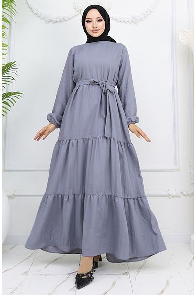 sefamerve Φόρεμα Sofia Linen Sleeve Elastic Belted 2023-05 Γκρι