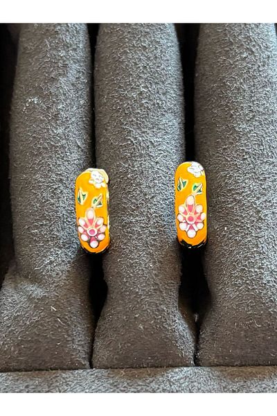 SE Jewellery Collection Selin Ersoy Orange Floral Enameled Summer Stylish Women's Hoop Earrings 1.4 cm
