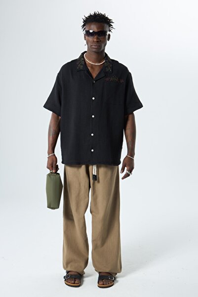 VAMOSCLO قميص كتان كبير الحجم مع تفاصيل مطرزة باللون الأسود