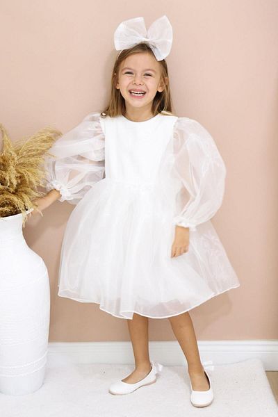 Le Mabelle Λευκό μακρυμάνικο Organza Girl's Party Dress - Sage