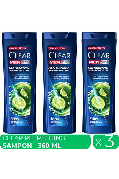 Clear Men Refreshing Grease Control, sampon anti-matreata, 3 buc x 360 ml