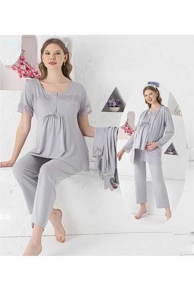 JENİKA 3-piece Gray Lace and Ribbon Maternity Pajamas Set - Short Sleeve, Buttoned and Dressing Gown