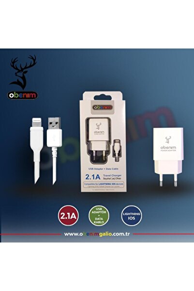 obenim Hızlı Şarj Cihazı 2.1a Lıghtnıng - Usb Ios (İPHONE) Adaptör Kablo Set 1 Metre (BEYAZ)