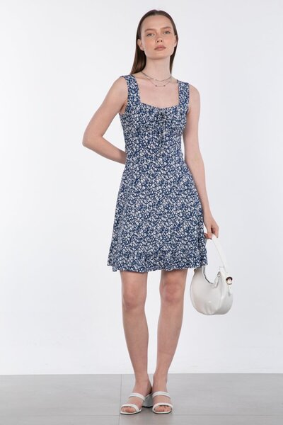 BARRELS AND OIL Çiçekli Kalın Askılı Fırfır Detaylı Elbise - Mavi