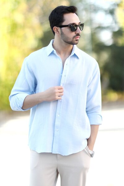 JB John Borners Чоловіча сорочка з бавовняної суміші без кишень, муслінова, світло-блакитна - 16701