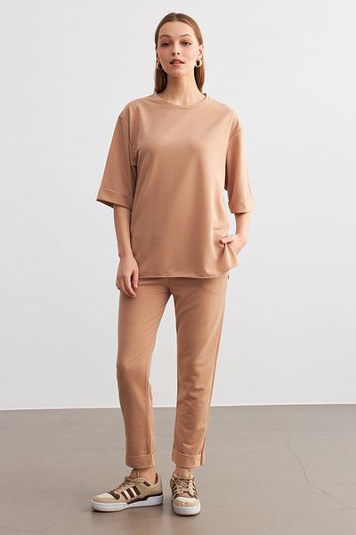MODAGEN Women's Camel Crew Neck Double Sleeve and Leg Bottom Top Set