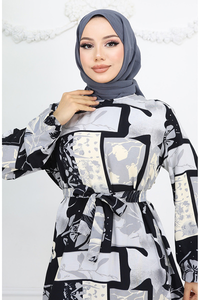 sefamerve Viskon Kumaş Kolu Lastikli Desenli Elbise 2026-01 Siyah Gri
