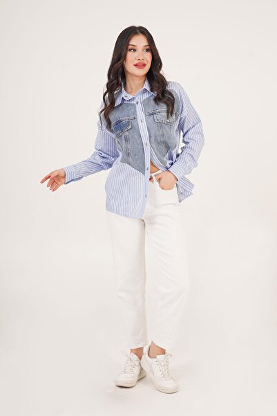 Hipo Trend Cămașă cu dungi Cămașă albastră cu detaliu inimă din denim