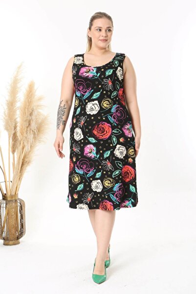 Madwilo Women's Black Multicolor Flower Pattern Strap Large Size Dress