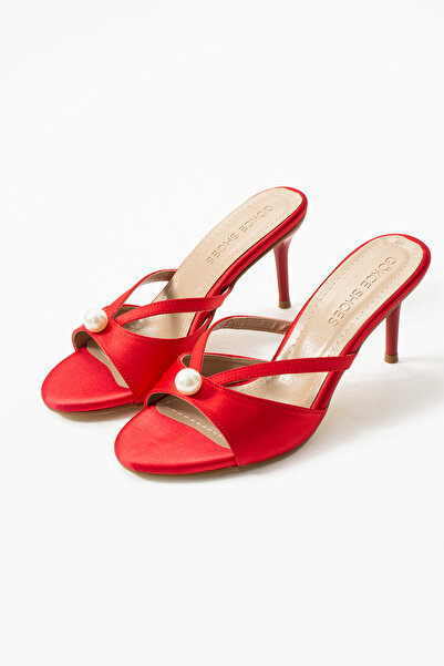 Gökçe Shoes Lana Kırmızı Saten İnci Detay Kadın Topuklu Terlik