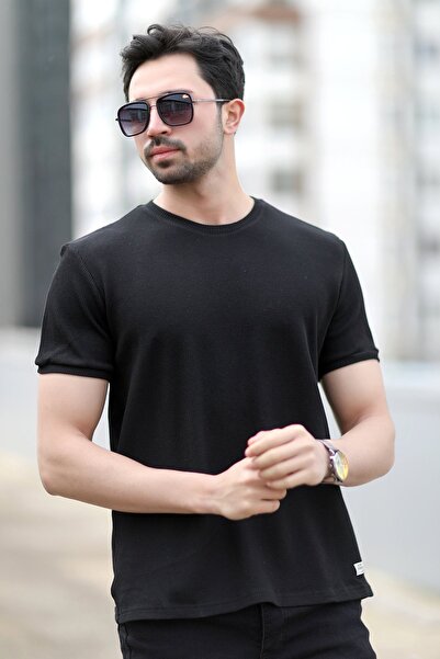 JB John Borners Ανδρικό μπλουζάκι με υφή βάφλα με λαιμόκοψη μαύρο - 2709