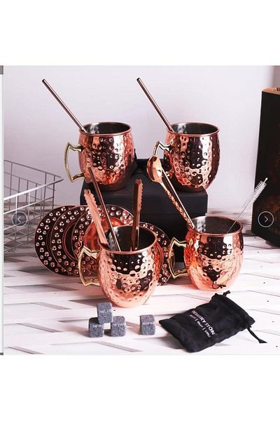 bar enthusiast Copper Mule Cups Set (4PCS) | With Whiskey Stones | Moscow Mule Gift Set