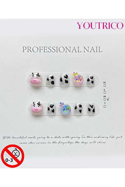 Youtrico أظافر صناعية للأطفال مصنوعة يدويًا بنسبة 100%، لونها أخضر بقري، آمنة...