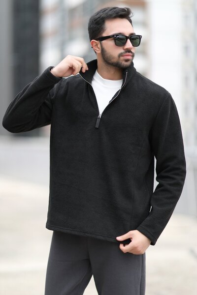 JB John Borners Men's Winter Fleece Sweatshirt Black Half Zipper Stand Collar...