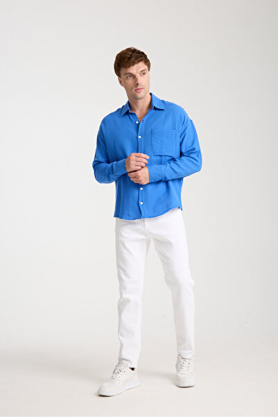 BİYOGRAF Erkek %100 Pamuk Keten Dokulu Müslin Kumaş Cepli Uzun Kollu Oversize Gömlek