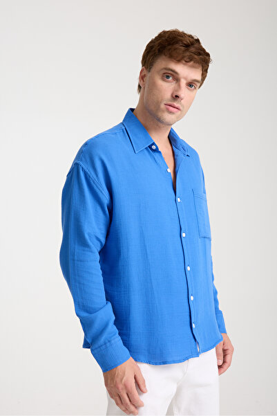 BİYOGRAF Erkek %100 Pamuk Keten Dokulu Müslin Kumaş Cepli Uzun Kollu Oversize Gömlek