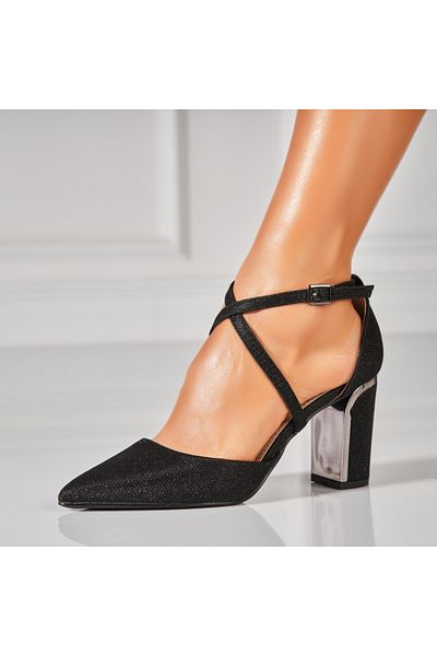 Joana Women's Black Glitter Heeled Shoes Sanah2
