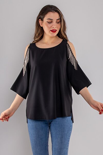 AYHAN Γυναικεία μπλούζα με πέτρινη φούντα με χαμηλό ώμο