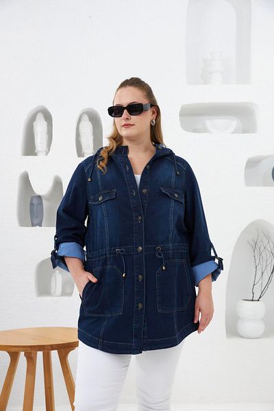RMG Navy Blue Large Size Denim Jacket - Pocket Detailed
