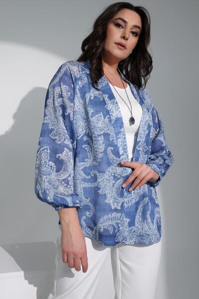 Metpoint Trend42Plus Large Size Digital Printed Chiffon Blue Jacket