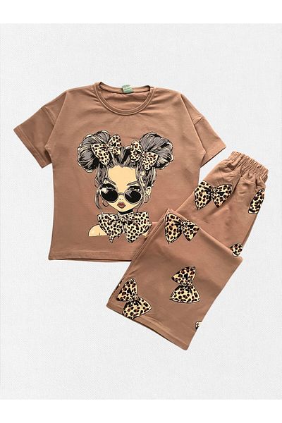 Fil Kids Beige Leopard Girl's Tracksuit - 100% Cotton Loose Wide Leg Seasonal Sofa