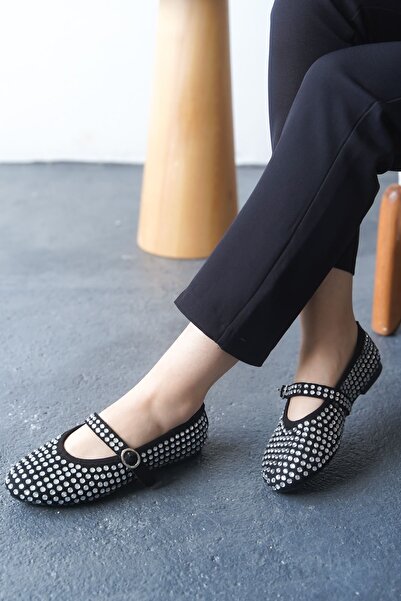 MODAADAM Women's Black Xena Stone Ballerina Shoes