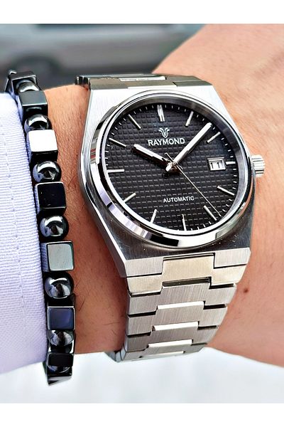 Raymond Silver Color Automatic Steel Case Band Business Men's Wrist Watch + Bracelet