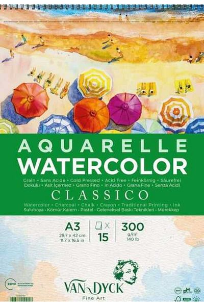 Van Dyck Classico Textured Coldpress A3 15 Sheets Watercolor Block with Spiral on Top
