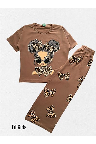 Fil Kids Beige Leopard Girl's Tracksuit - 100% Cotton Loose Wide Leg Seasonal Sofa
