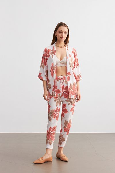 MODAGEN Women's Orange-White Floral Pattern Kimono Shirt Pants Set