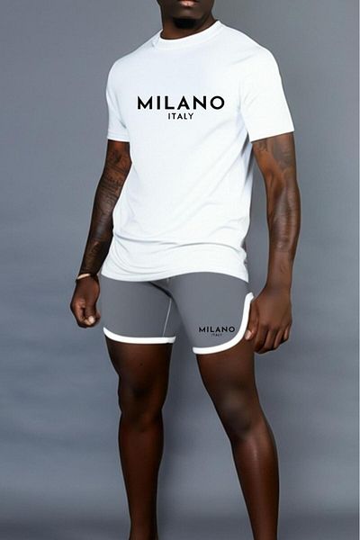 NO 601 Men's White Milano Italy Printed Tshirt Gray Piping Honeycomb Short Set
