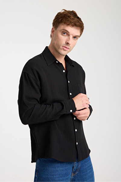 BİYOGRAF Erkek %100 Pamuk Keten Dokulu Müslin Kumaş Cepli Uzun Kollu Oversize...