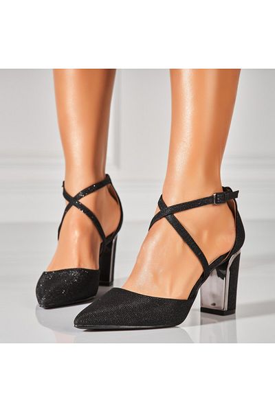 Joana Women's Black Glitter Heeled Shoes Sanah2