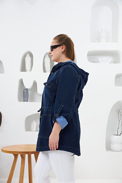 RMG Cep Detaylı Büyük Beden Lacivert Kot Ceket