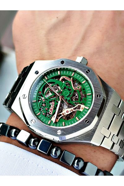 Raymond Silver Color Steel Cord Automatic Business Case Cord Steel Men Wristwatch + Bracelet
